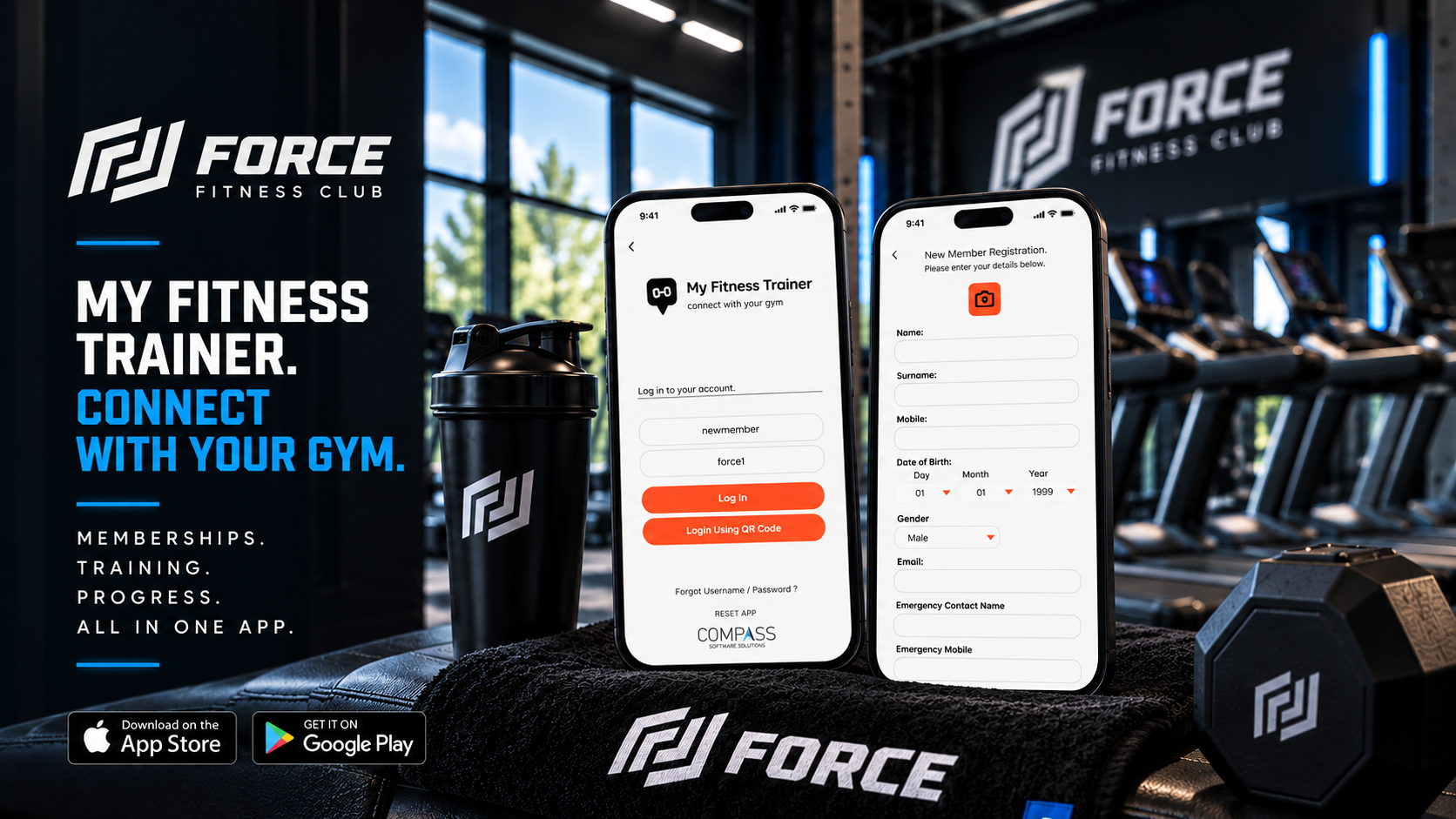 My Fitness Trainer app login and new member registration for Force Fitness Club